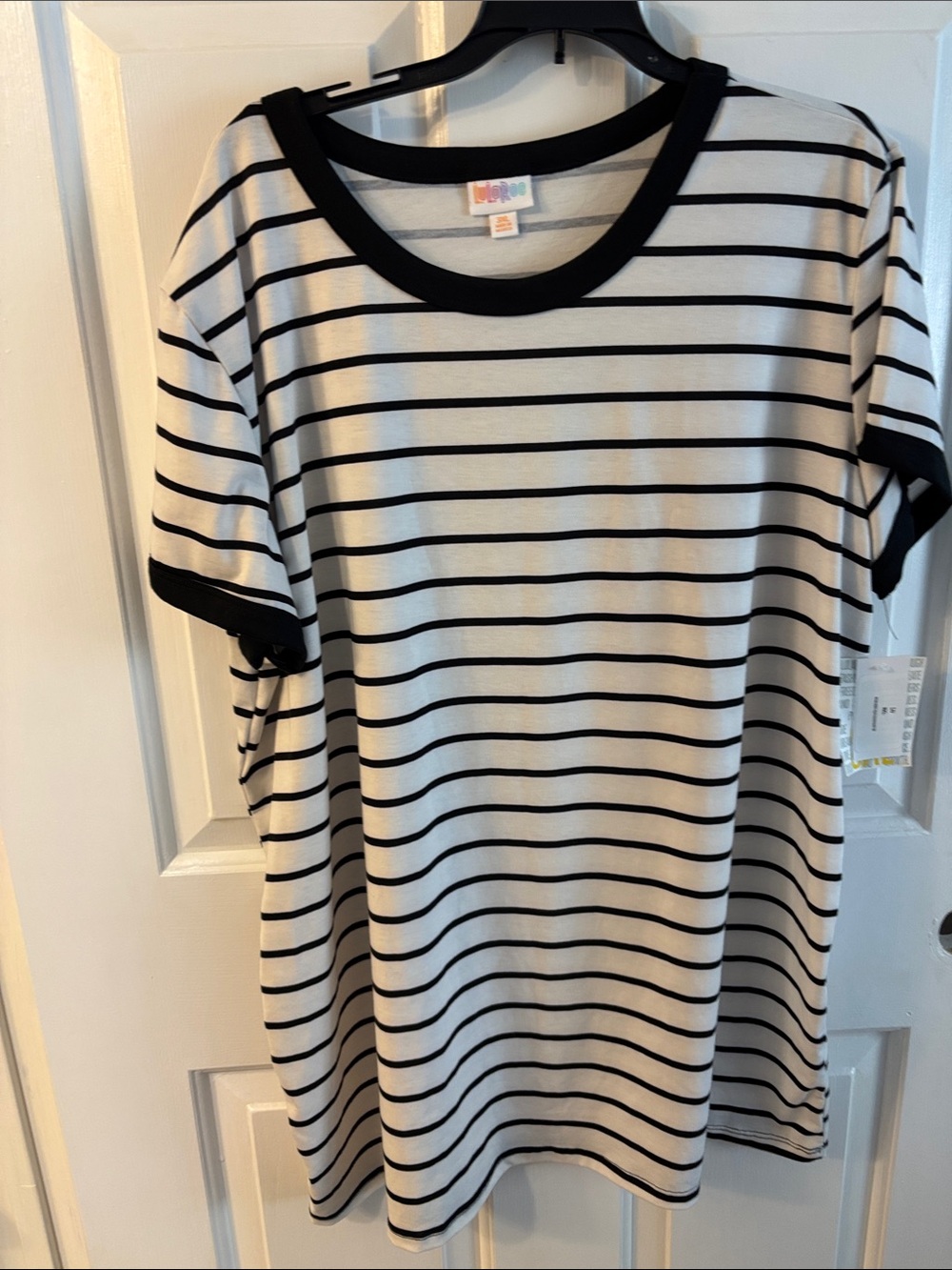 LuLaRoe Black and White Striped Short Sleeve Tee